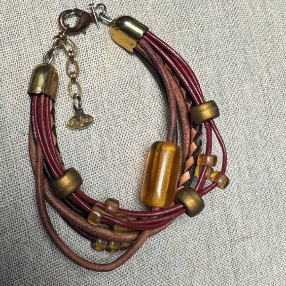 🌟 VINTAGE Unique Women's Leather and Light Amber Stones Necklace and Bracelet S - Picture 10 of 11